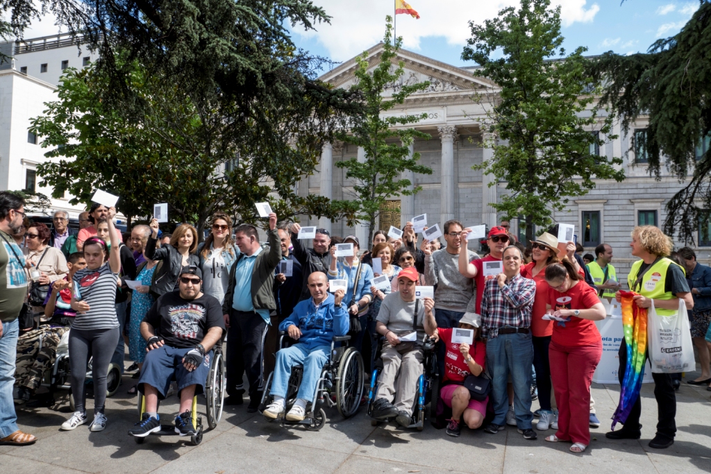 Un amplio grupo de personas con y sin discapacidad posan delante del Congreso durante la concentración