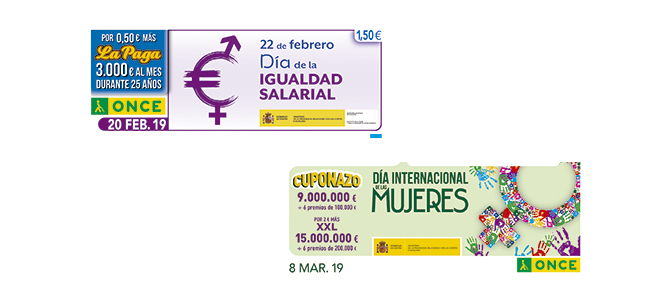 Cupón del 22 de febrero dedicado a la Igualdad Salarial y cupón del 8 de marzo dedicado al Día de la Mujer