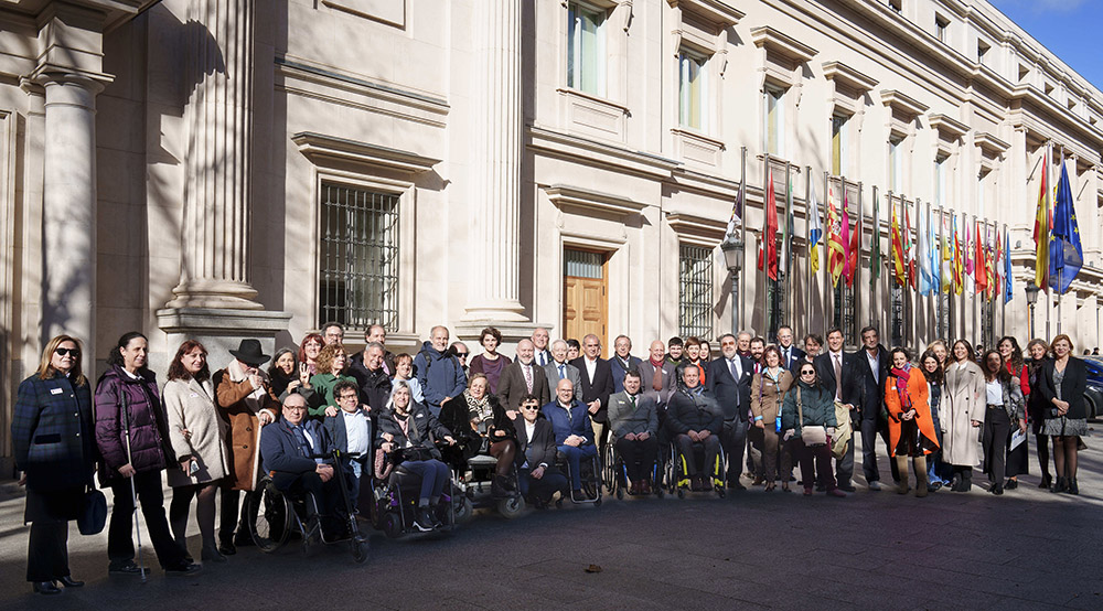 Foto de familia de los representantes de la discapacidad en la puerta del Senado