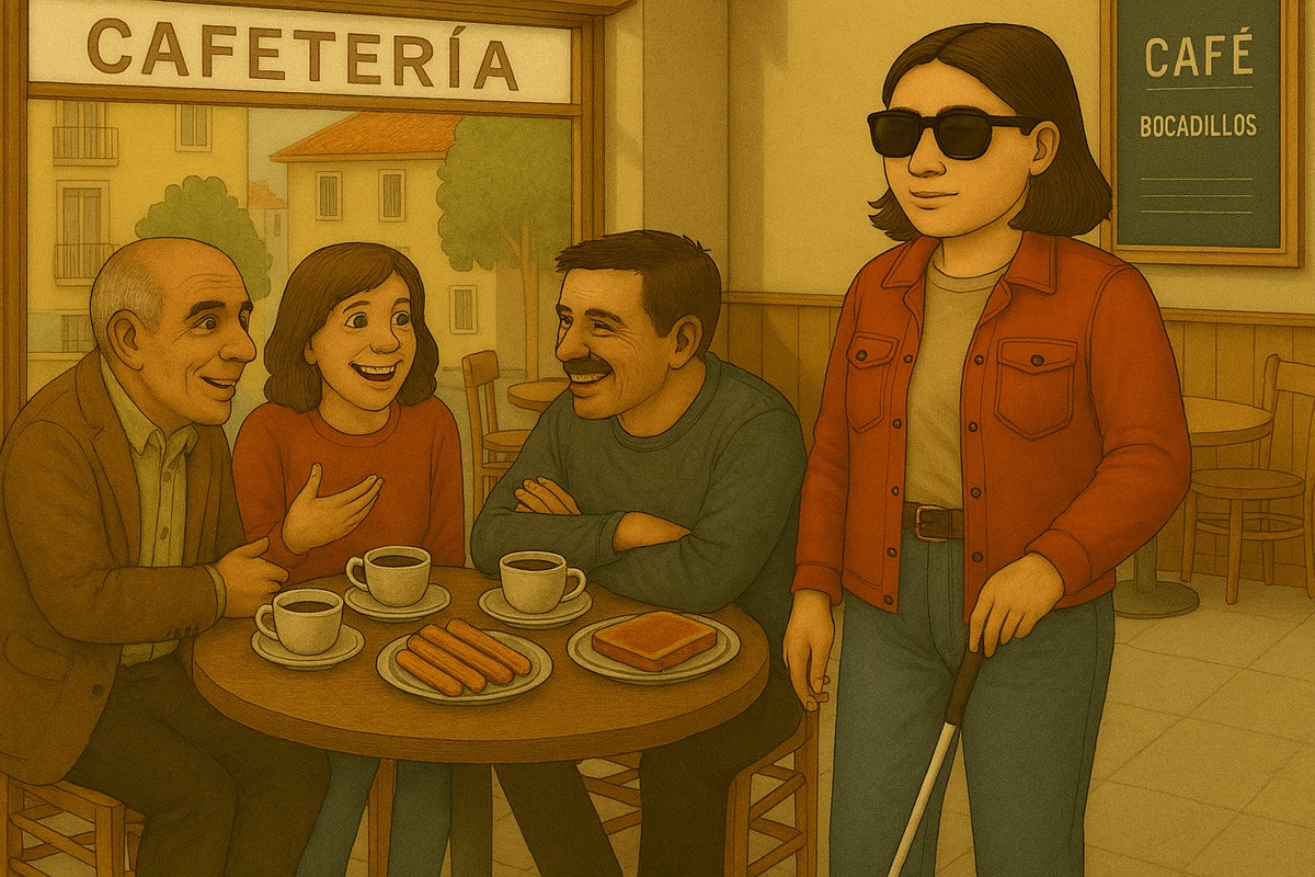 Simulación de un grupo de personas reunido en una cafetería