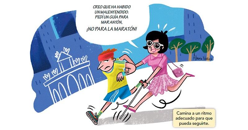 Viñeta de Mira que indica cómo llevar a una persona ciega