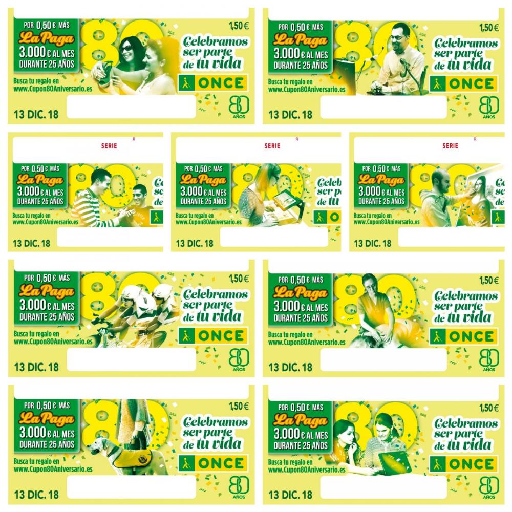 Collage con los diferentes cupones del 13 de diciembre dedicados al 80 aniversario de la ONCE