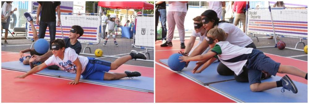 Collage con varios niños practicando Goalball