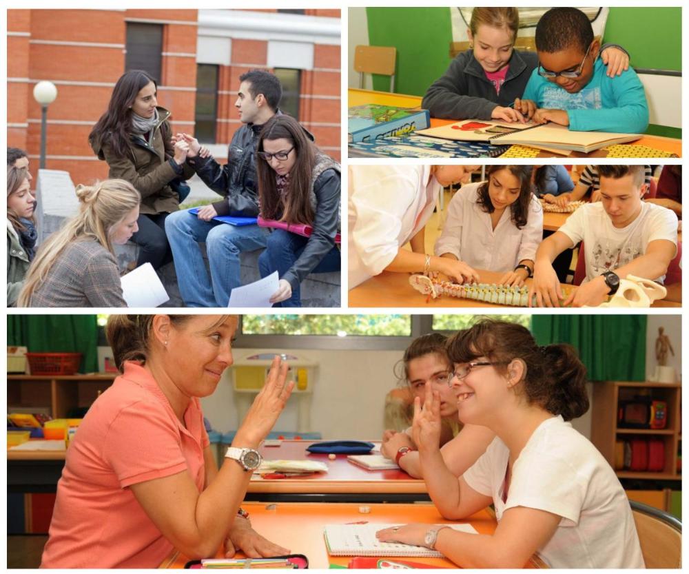 Collage con varios momentos de estudiantes ciegos