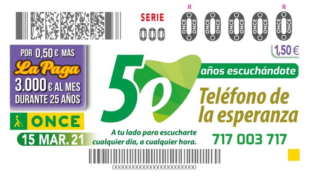 Cupón del 15 de marzo dedicado al 50 aniversario del Teléfono de la Esperanza