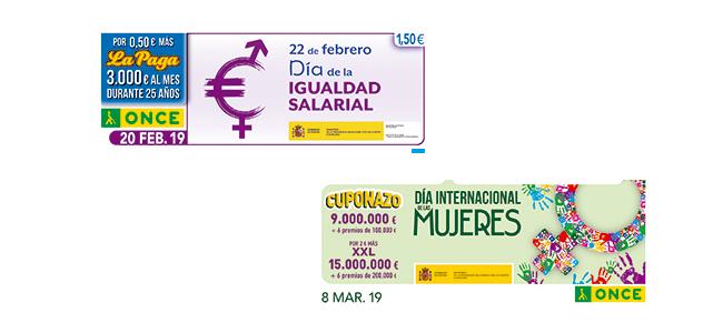 Cupón del 22 de febrero dedicado a la Igualdad Salarial y cupón del 8 de marzo dedicado al Día de la Mujer