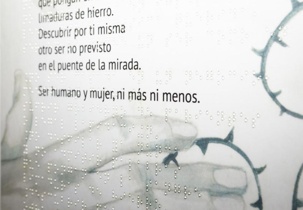 Detalle de uno de los carteles trascritos la braille