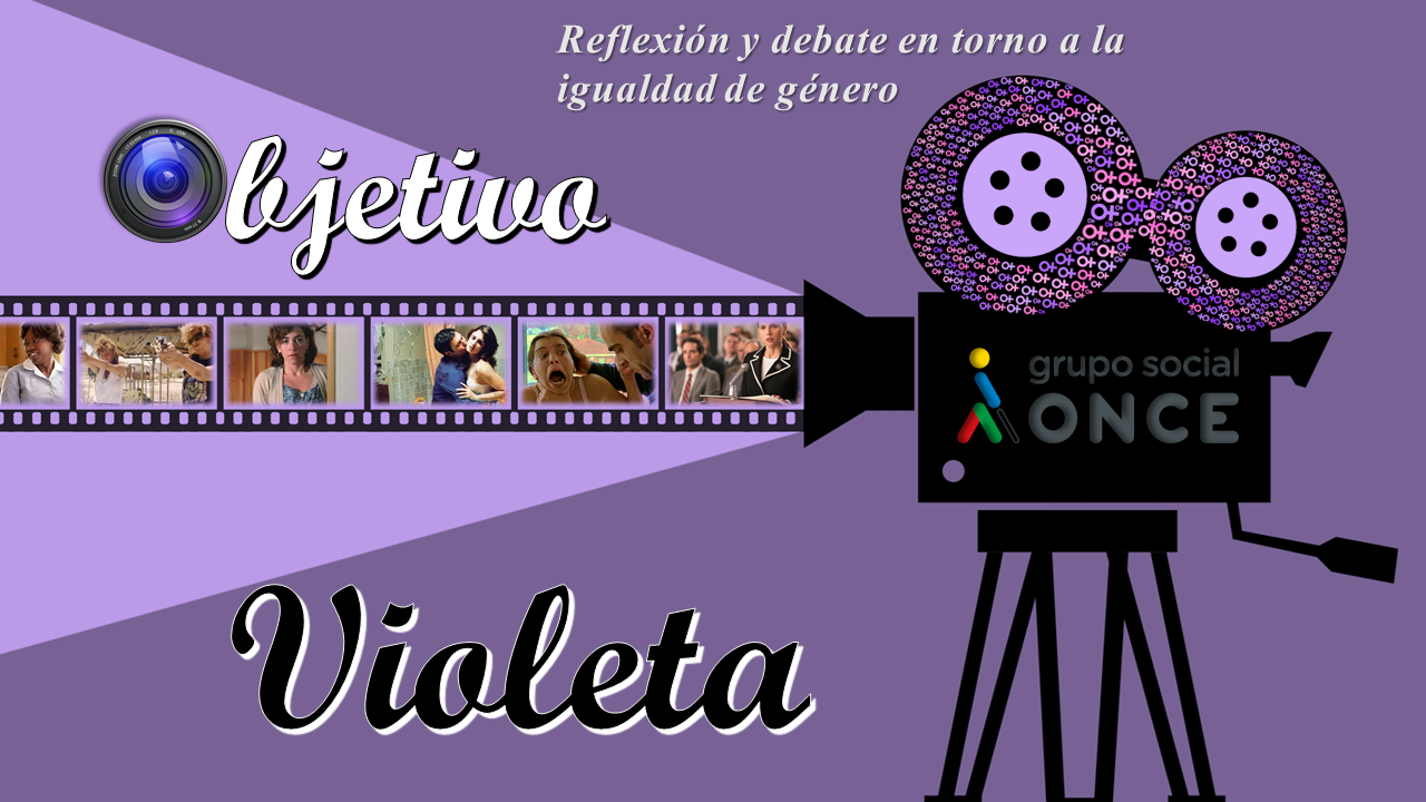 Cartel del objetivo violeta donde aparece un proyector de cine sobre fondo violeta
