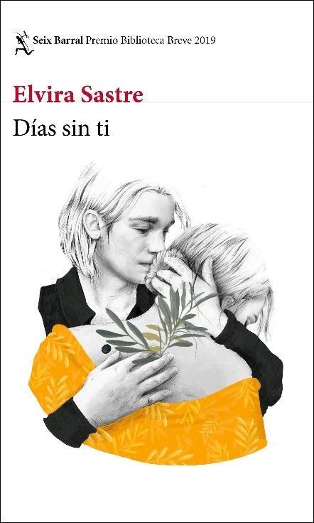 Cubierta de "Días sin ti", de Elvira Sastre (2019). La ilustración representa a dos personas fundidas en un abrazo íntimo. La persona de la izquierda, quien parece ser un hombre joven con cabello corto y lacio, lleva una chaqueta negra y camisa blanca. Cierra los ojos con una expresión serena y abraza suavemente la cabeza de la otra persona, que se encuentra apoyada contra su pecho. Esta otra persona, que parece ser una mujer joven con el cabello recogido, no es visible completamente. Su rostro está oculto por su propio brazo. Las manos del hombre están juntas, sosteniendo delicadamente una rama de olivo, que está coloreada en tono verde oliva, añadiendo un toque de naturaleza y vida al dibujo. Ésta es la única parte de la imagen que tiene color, aparte de la ropa de la mujer, que está coloreada en un amarillo con decoraciones de hojas en diferentes tonos de este mismo color. El estilo de la ilustración es delicado, con trazos finos que capturan detalles como los pliegues de la ropa y las texturas del cabello. La composición transmite una sensación de calma y conexión emocional entre los personajes.