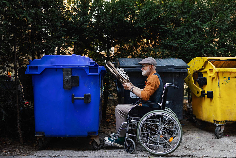 Una personas mayor en silla de ruedas reciclando