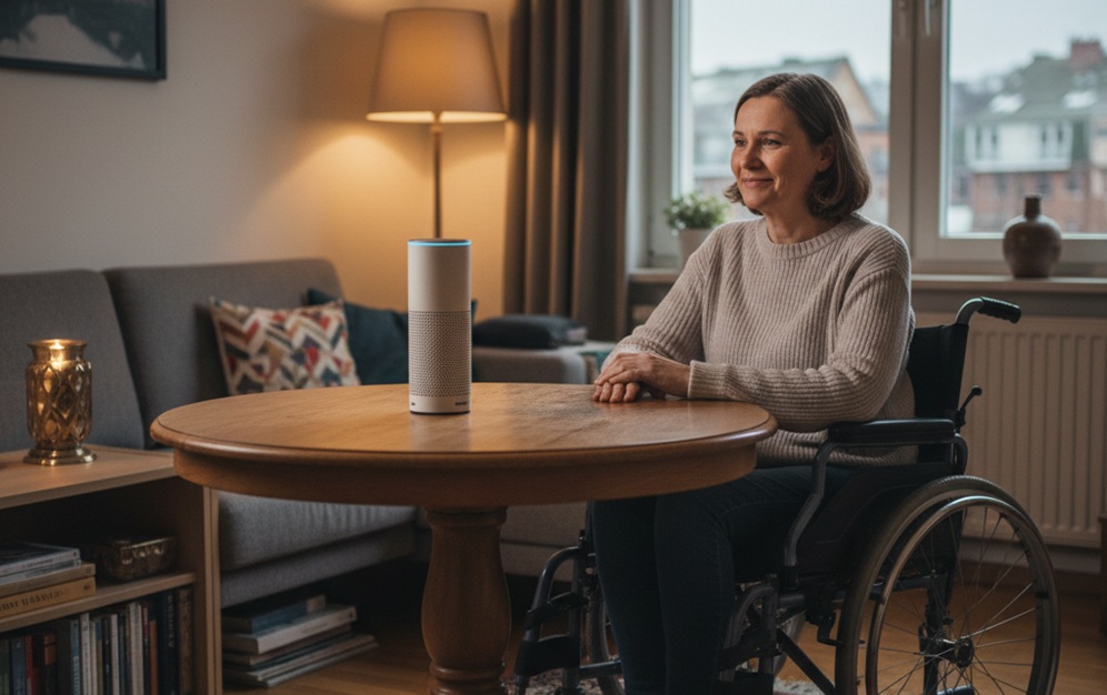 Una mujer con discapacidad frente a un dispositivo Alexa