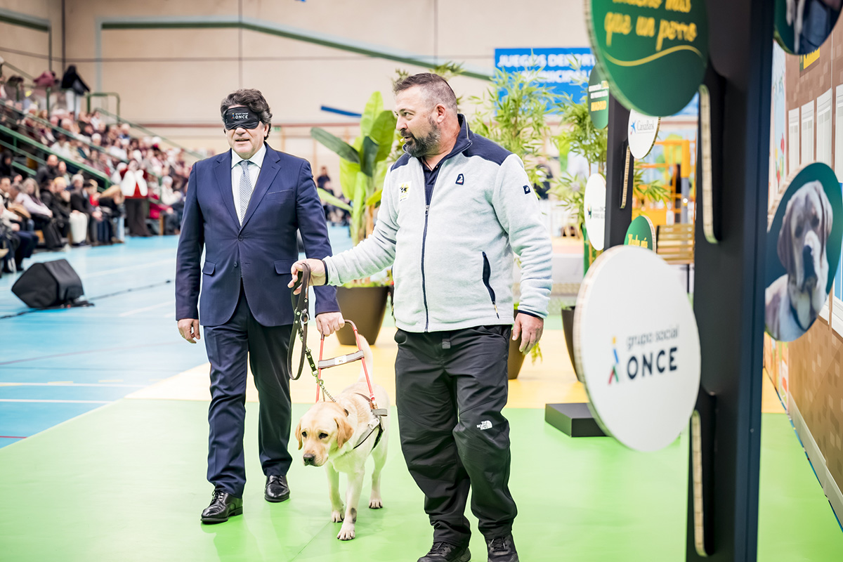 David Pérez realizando el circuito de la exhibición con un antifaz